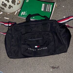 Tommy Hilfiger Black Duffel Bag with Red and Blue Accents